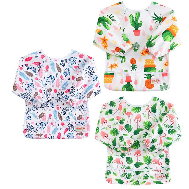 Ohbabyka bolsillo Baberos para comer bebé ducha impermeable manga larga alimentación de Bebé Ropa Unisex para niños 6-24Month 3 unids/pack: 363839