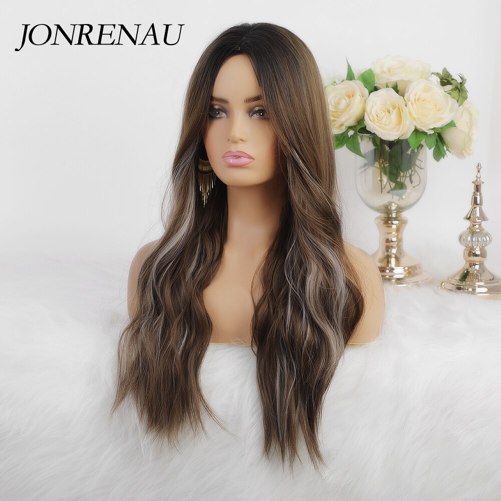 JONRENAU Long Synthetic Natural Wavy Dark Brown Hair Wig with highlight for White /Black women Daily Wear Wigs