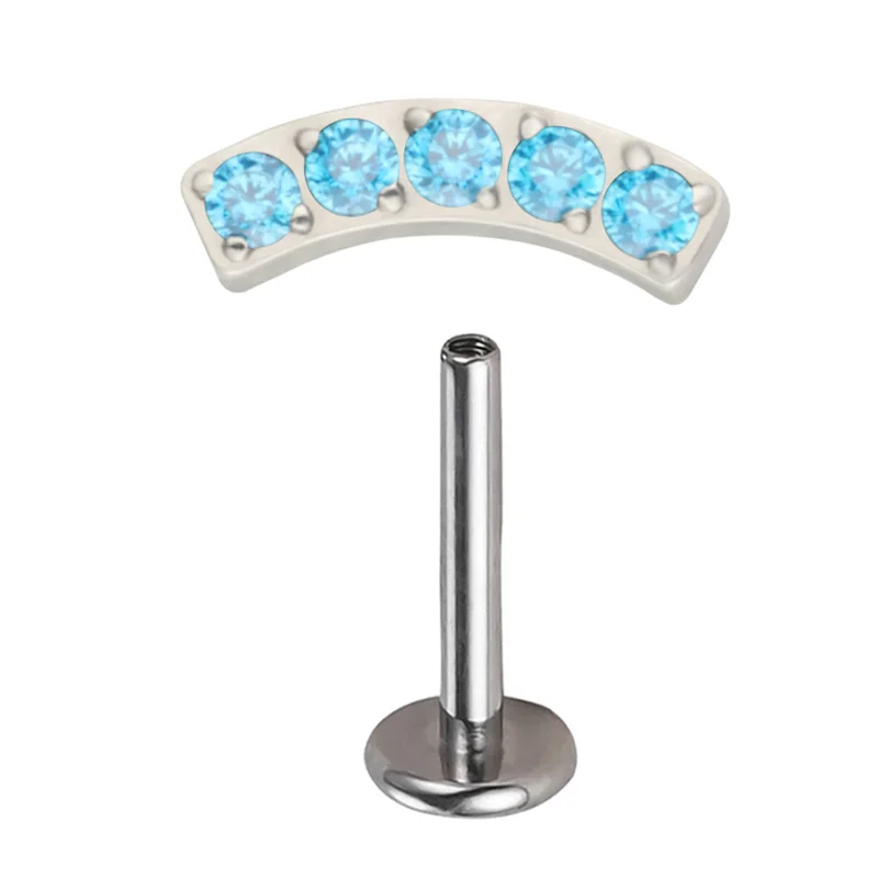 Pendientes de barra curva PIERC de titanio G23, 5 CZ pavimentados, cartílago superior roscado, Labret Stud, Tragus, labio, anillo, joyería para Piercing corporal: Verde / Chapado en zinc azul