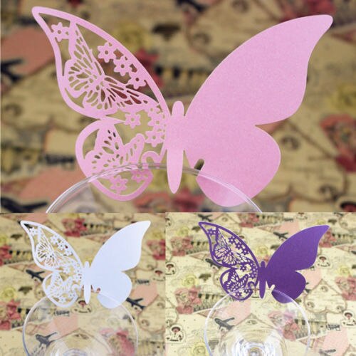 50 stk sommerfugl sted escort vinglas kop papir kort til bryllupsfest hjem dekorationer hvid blå lyserød lilla navnekort