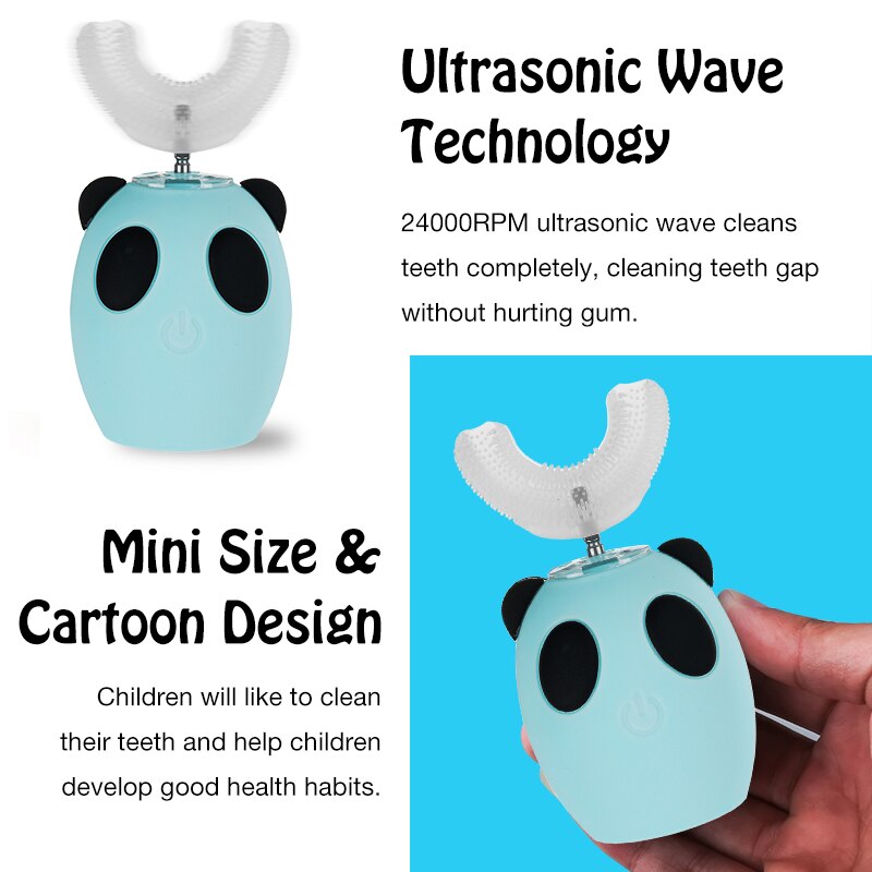 Brosse à dents électrique en forme de U pour enfants de 3 à 7 ans, avec 360 °, automatique, 3 vitesses, blanchiment, nettoyage, ultrasonique