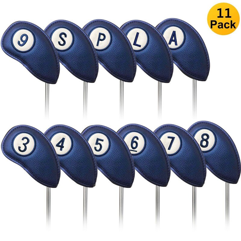 Upgrade Magnetic Golf Club Iron Covers Synthetic Leather Deluxe Wedge Iron Protective Headcover Set: 11 Pcs-Blue