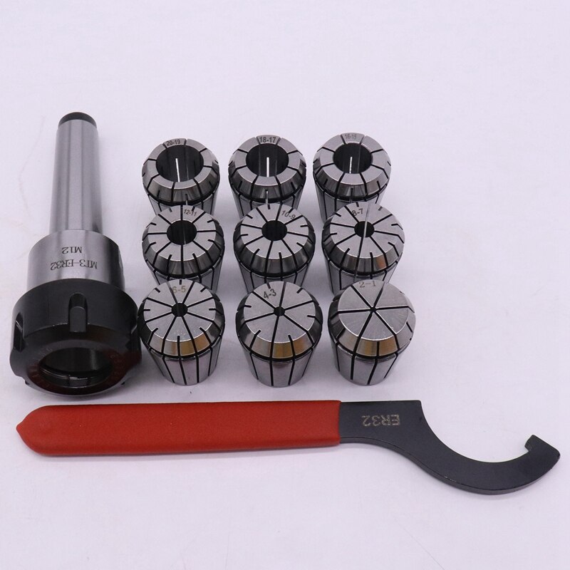 9Pcs Er32 Spring Collets Set 2/4/6/8/10/12/16/18/20Mm + 1Pcs Mt3 M12 Er32 Collet Chuck Morse Taper Holder Collet Power Tool Set