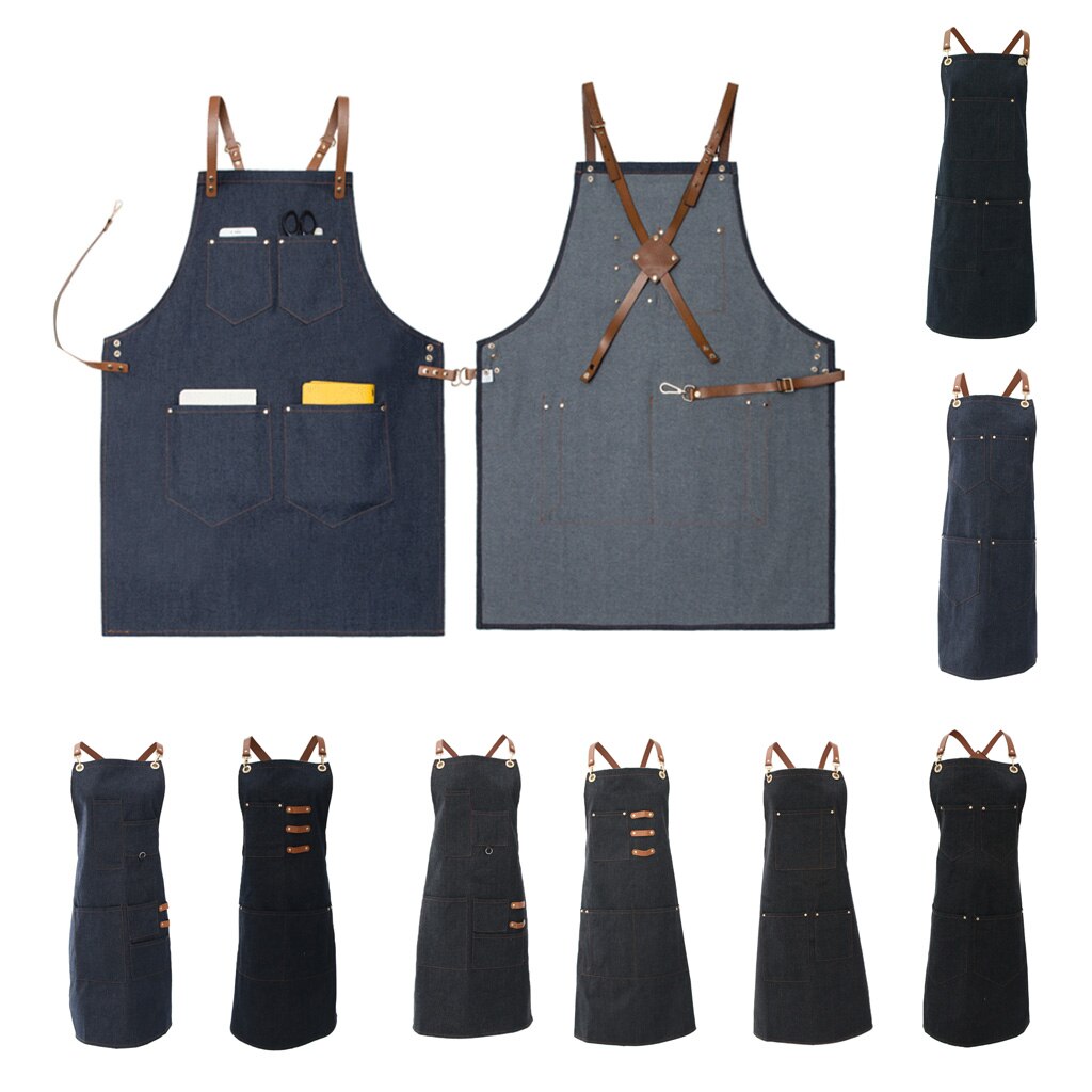 Denim smekke forkle lærreim barista baker arbeid uniform servitør artist kokk