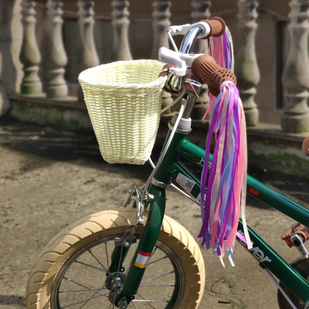 Woven Bicycle Basket Childrens Bike Front Handlebar Baskets Scooter Front Storage Pouch Foldable Removable Bicycle Bag & Pannier