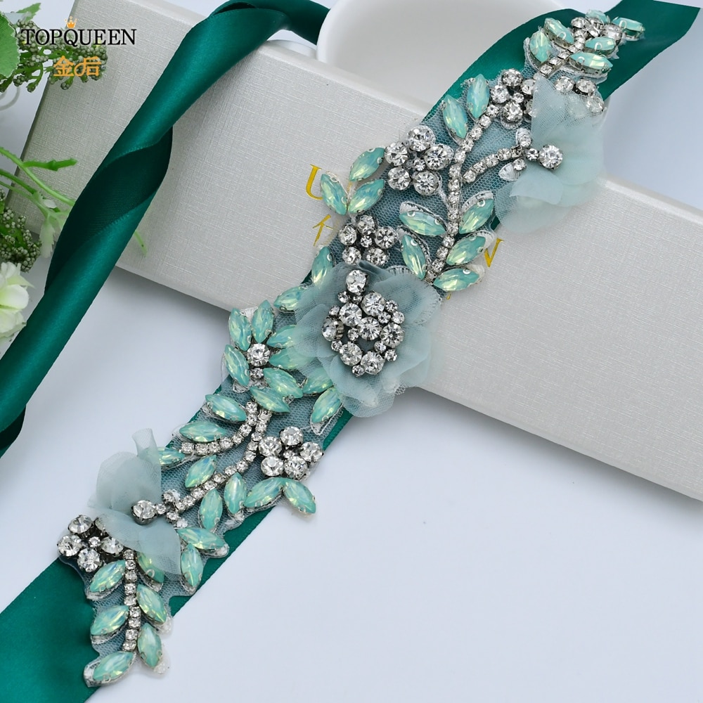 TOPQUEEN S419-G Jahrgang Blumen- Hochzeit Gürtel Smaragd Mutterschaft Schärpe Strass Blume Hüftgürtel Für Braut Kleid Kleid Applikationen