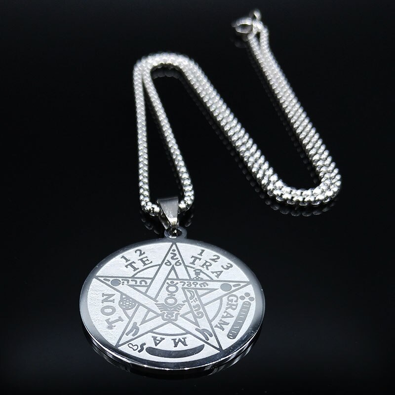 Colliers de chaîne en acier inoxydable pour hommes, pentagramme de sorcellerie, couleur or, pendentifs Tetragrammaton, bijoux, cadenas N1163S: Couleur d’acier