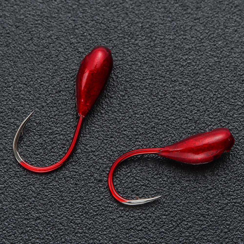 Anzuelos de pesca de Lago de hielo de invierno, 10 piezas, cabeza de plantilla volteada, anzuelo de plomo, gusano rojo, señuelo, cebo, aparejos de pesca de carpa