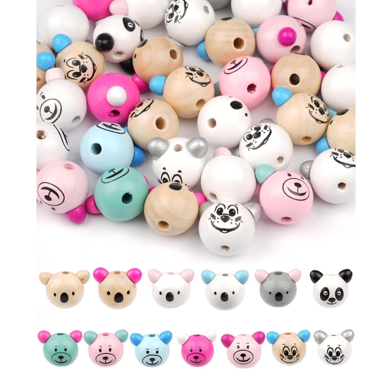 10pcs Wooden Beads with Adorable Animal Faces Durable Besds for Craft Supplies