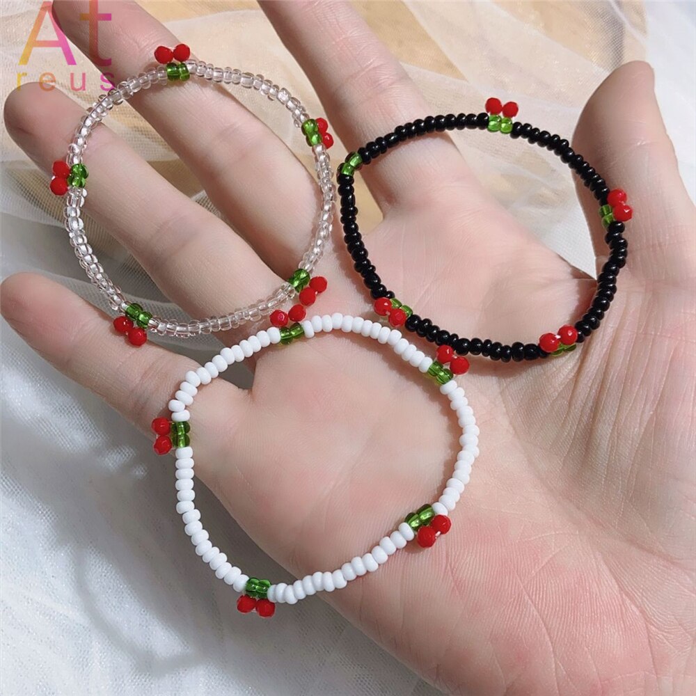 Zomer Strand Boho Transparante Kralen Cherry Sieraden Set Crystal Choker Ketting Voor Vrouwen Meisje Fruit Weave Kralen Armband Ring