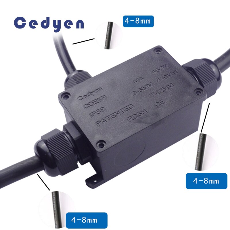 Outdoor Waterproof Junction Box Electrical Case Cable Wire Connector Two Ways IP68 Black Sealed Plastic Underwater with Terminal: 3P 4-8mm
