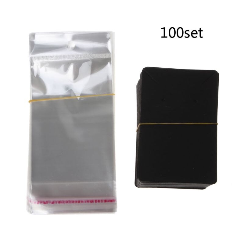 100Stck leer Kraft Papier Schmuck Verpackung Karte Stichworte Verwendet Für Halskette Ohrring Anzeige Karten mit 100Stck Selbst- dichtung Taschen: Schwarz