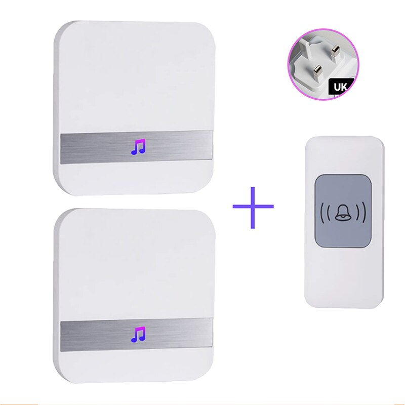 Smart Doorbell Plug-through Welcome Chime Kit Button Door Bell Wireless Remote Control Home Security Accessories: UK1Button 2Receivers