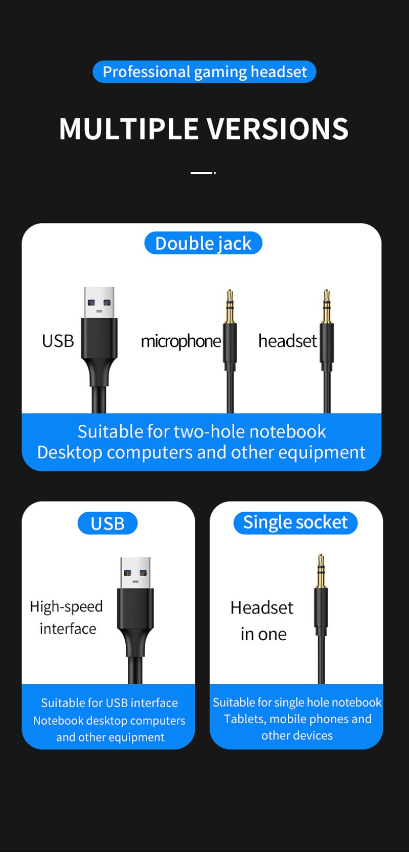 Gaming-headset mit surround-sound, stereo-kabel, usb-mikrofon, pc-laptop-gaming-headset für usb-anschluss und 3.5mm- port-kabel