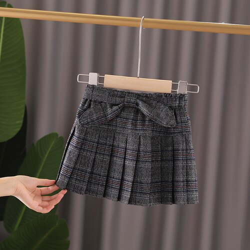 Winter Plaid Skirt for Baby Girl School Uniform Children Casual Pleated Bow Mini Skirts Toddler Plaid Bottoms: Dark Grey / 130cm