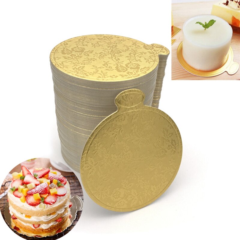 200 Stks/set Goud Afdrukken Ronde Mousse Cake Boards Papier Cupcake Dessert Displays Lade Bruiloft Cake Gebak Decoratieve Kit