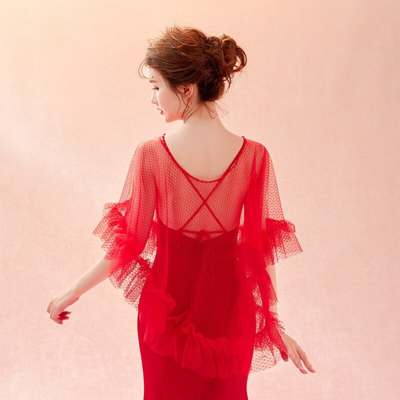 JaneVini Rode Zomer Kant Bruiloft Bolero Sjaal Kralen Vrouwen Korte Wrap Cape Uitloper Bridal Bruiloft Accessoires