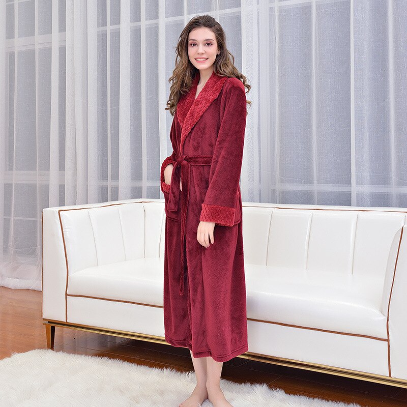 Liefhebbers Extra Lange Flanellen Badjas Vrouwen Mannen Dikke Warme Herfst Winter Kimono Badjas Bruidsmeisje Robes Nachtkleding Kamerjas: WineRed / M
