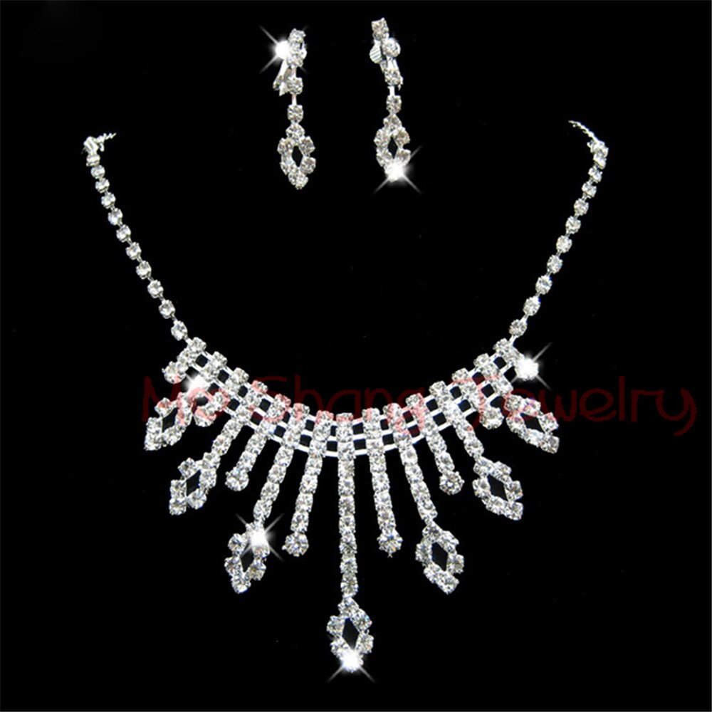 Rhinestone Crystal Silver Color Choker Necklace &amp; Earrings for Women Rhinestone Statement Bridal Wedding Jewelry Sets: 9