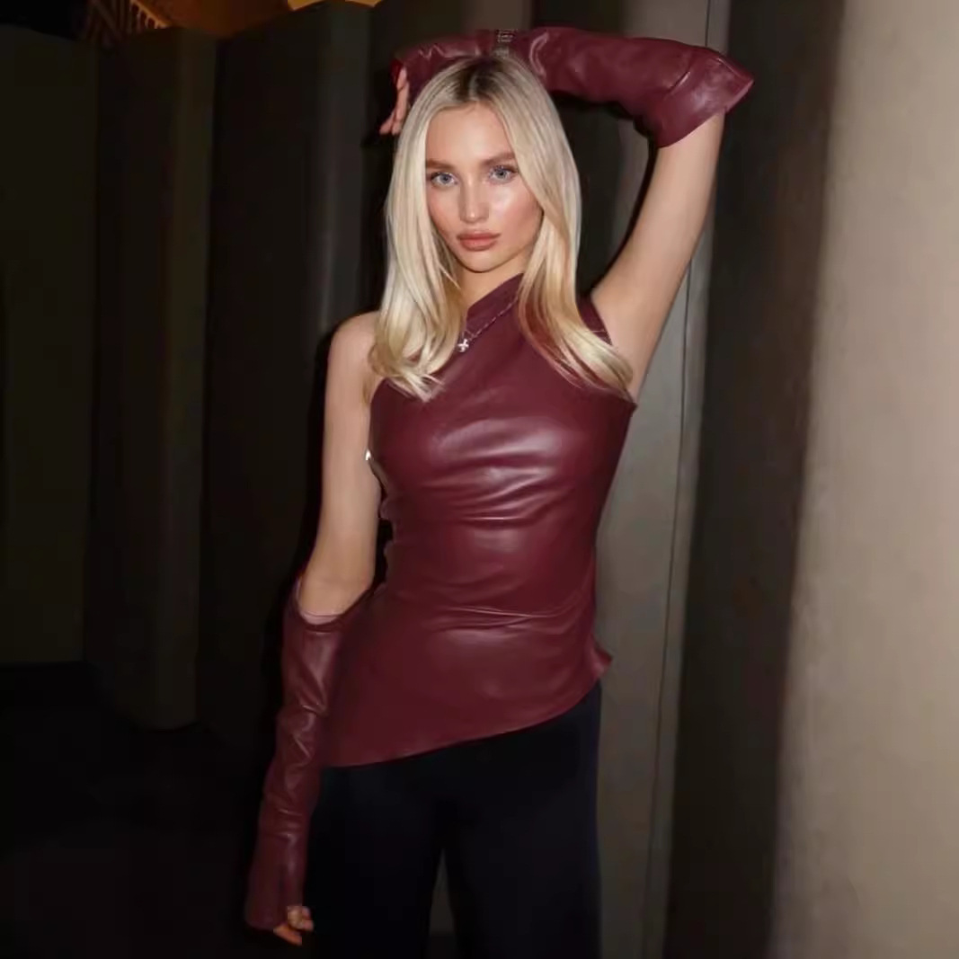 Efterårsgade hipster ærmeløs diagonal krave pu lædervest plusærmet dame crop top: S / Rød