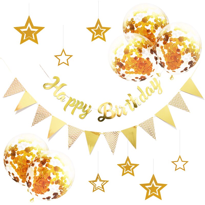 Happy Birthday Gold Glitter Paper Letter star Banner Hanging Flags for Birthday Party Festival Decorations