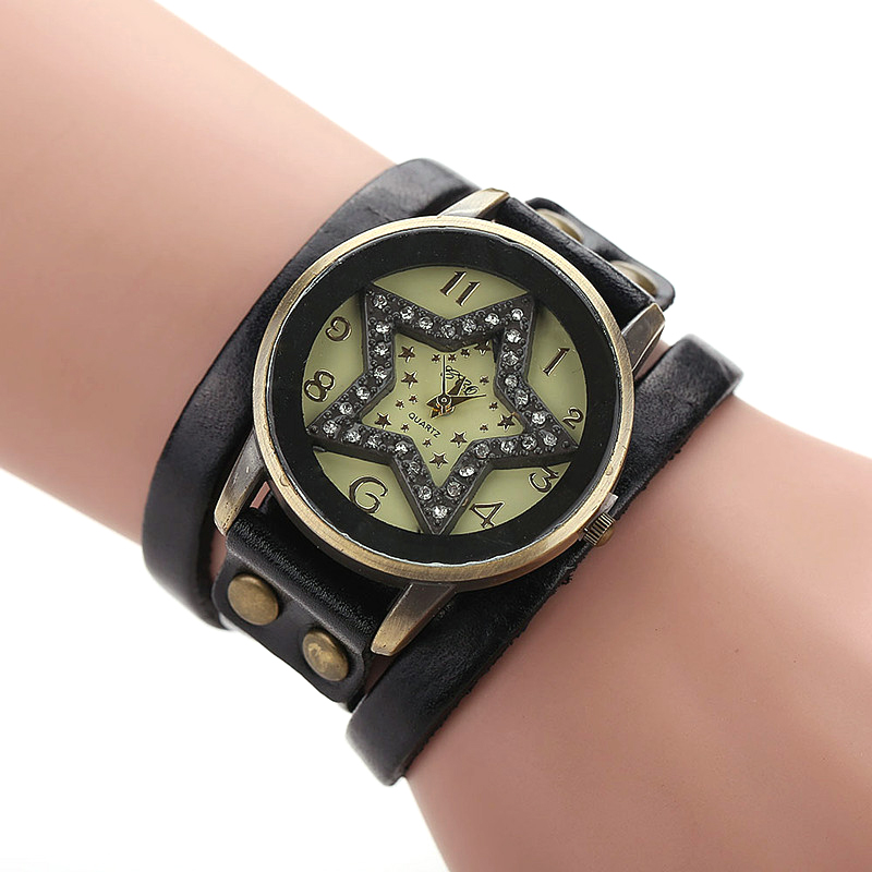 Jessingshow Dames Quartz Horloge Eenvoudige Digitale Wijzerplaat Mode Vijfpuntige Ster Lederen Band Horloge Casual Wear Klok Reloj Mujer: Black