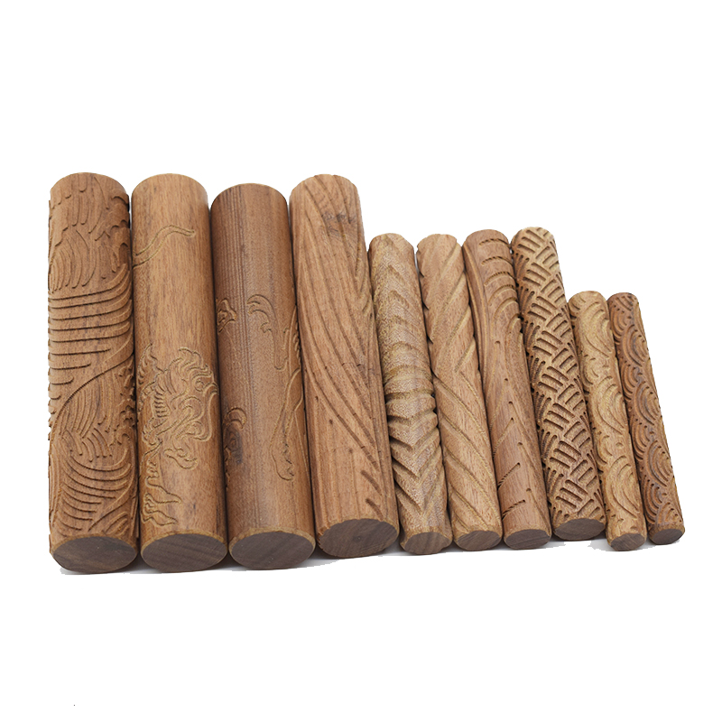 Rouleau à boue en céramique, 10 pièces, outil de poterie de modélisation en argile polymère, soulagement du motif de Dragon/phénix en bois
