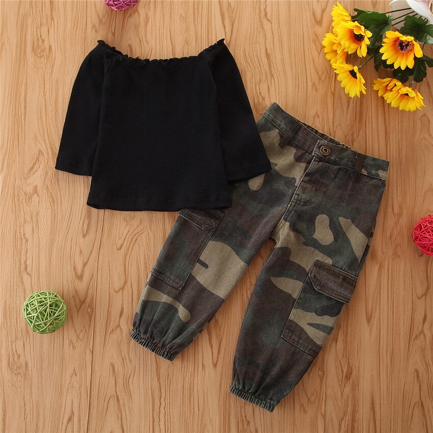 Ensemble de vêtements pour bébé fille en coton russe, t-shirt à épaules dénudées + pantalon camouflage, ensemble de 2 pièces pour bébé: 2 / 5t