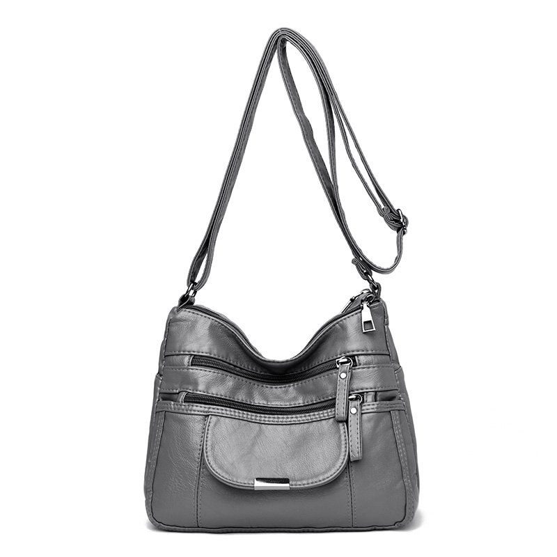 Retro women's bag double zipper shoulder bag soft leather handbag simple messenger bag trend multi-pocket bag: gray