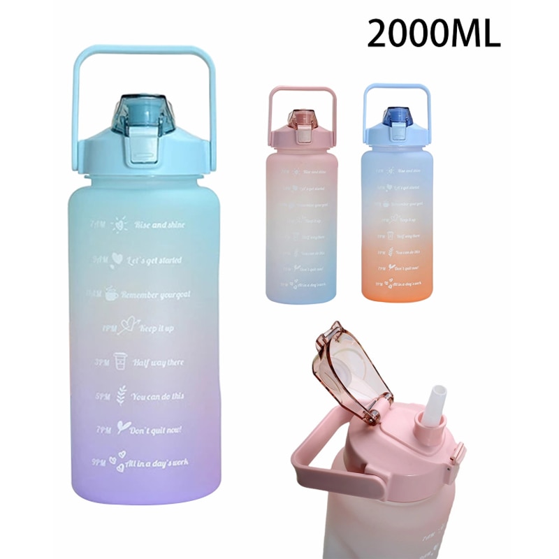 2L Water Flessen Met Tijd Schaal Grote Capaciteit Drinken Fles Met Stro Sport Plastic Waterfles Botella De Agua 2 litros