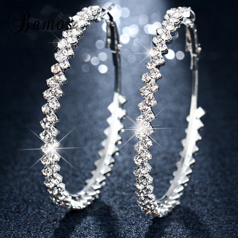 Bamos Simple Geometric Hoop Earrings For Women Luxury White Rhinestone Circle Earrings Wedding Crystal Jewelry