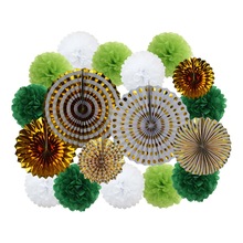 Lente Party Favor Goud Groen Set Vouwen Opknoping Papier Pom Pom Fans Baby Shower Kids Meisje Jongen Verjaardag Decoratie