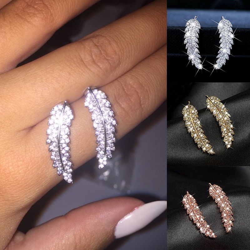 Huitan forma de folha de luxo brincos femininos micro pavimentada cz pedra 3 cor disponível presente aniversário brincos para a menina moda jóias