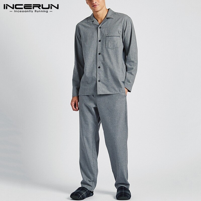 INCERUN Men Solid Color Pajamas Sets Lapel Long Sleeve Homewear Shirt & Pants Loungewear Casual Sleepwear Mens Sets