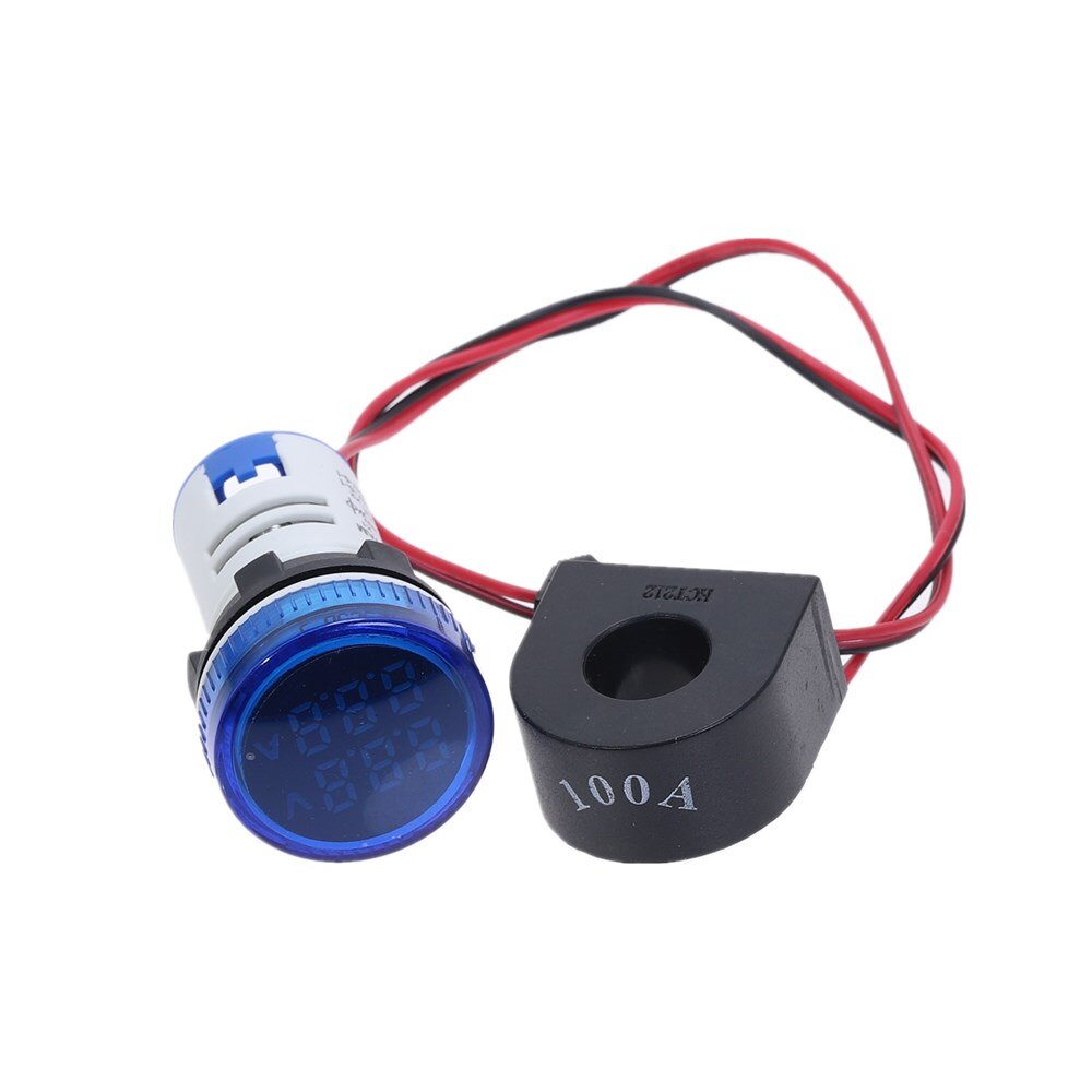 Mini Digitale Voltmeter Amperemeter 22Mm Ronde Ac 50-500V 0-100A Amp Volt Voltage Tester Meter Dual Led indicator Pilot Lamp Licht: Blauw