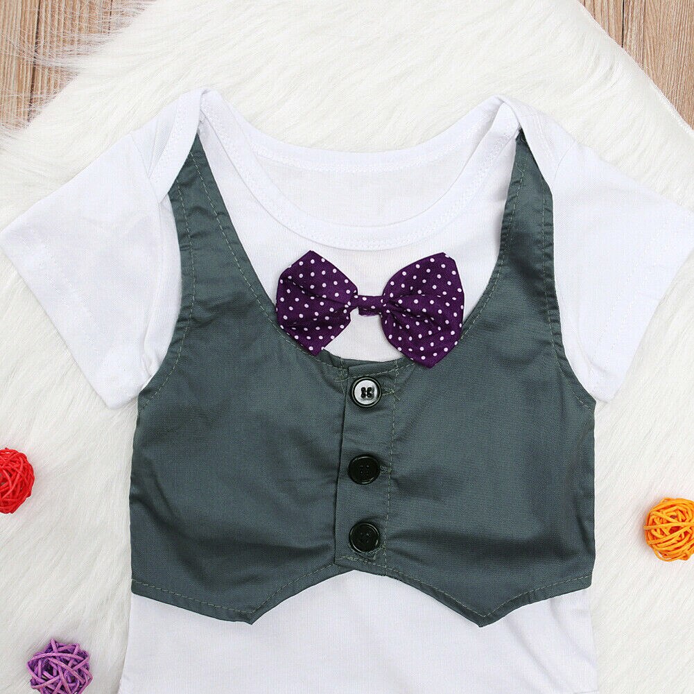 niños ropa de verano niño bebé Caballero mono manga corta Patchwork Bowknot algodón traje 0-3Y