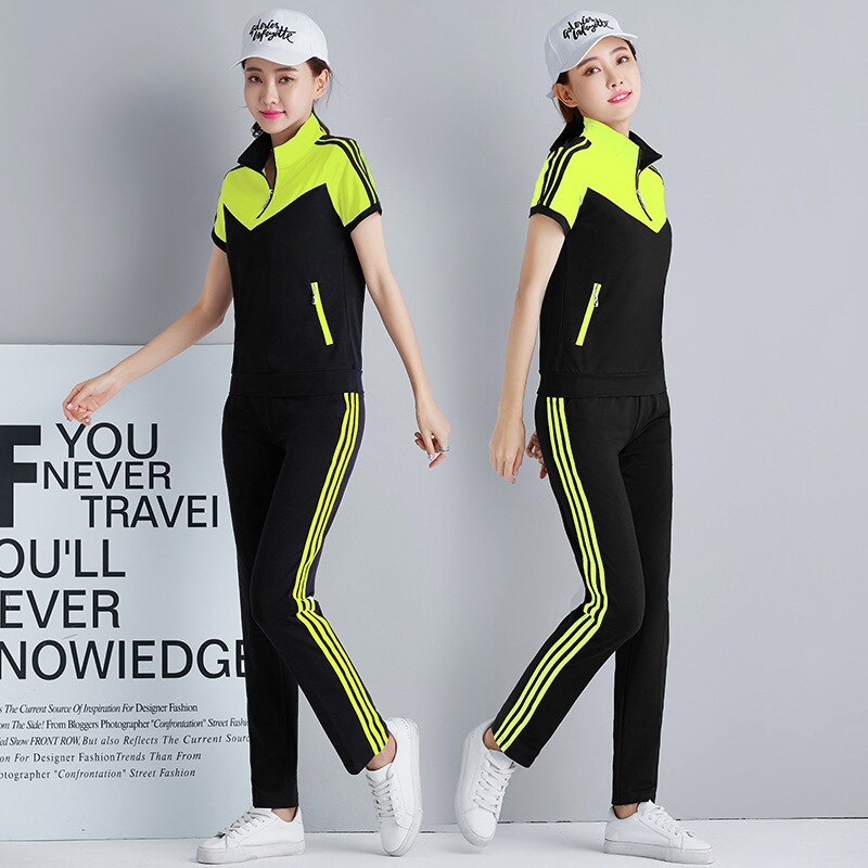 Zomer dames sportpak trainingspak katoen snel drogend sweatshirt + joggingbroek joggingbroek trainingsoutfit casual hardloopset sportkleding: Groente / M