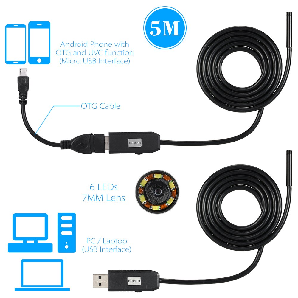 KKMOON 6 LED 7mm lente endoscopio IP67 impermeable inspección boroscopio USB Cable serpiente tubo cámara para OTG Compatible con Android