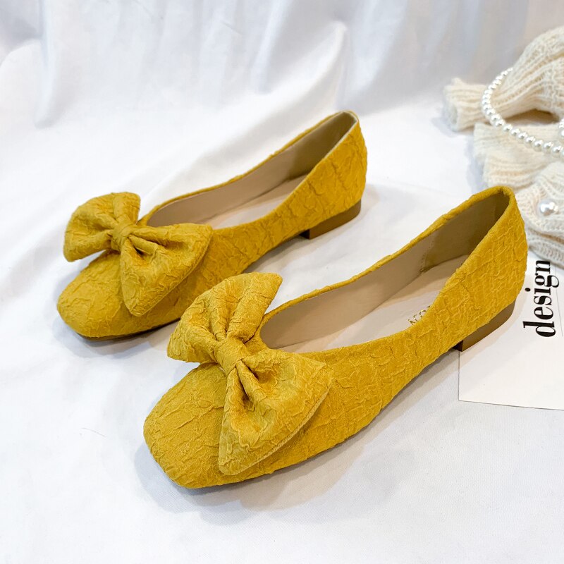 Chaussures plates en cuir avec nœud papillon pour femmes, ballerines de fête à bout carré, taille 35-40, peu profondes, vc2627: YELLOW / 39