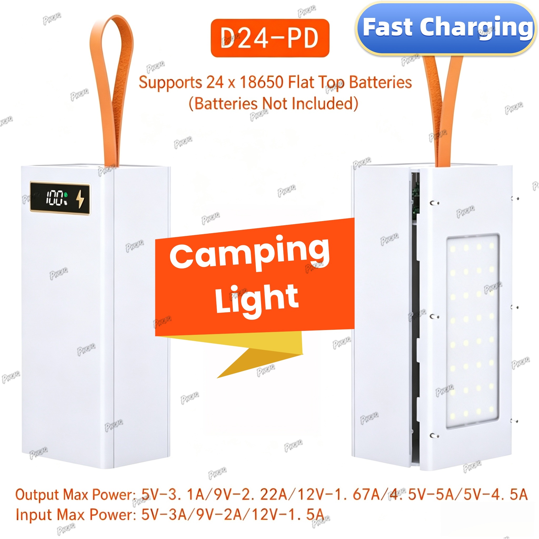 24*18650 Batterij Powerbank Behuizingen DIY Mobiele Powerbank Case met Draadloos Opladen en Campinglamp Afneembaar, Loodvrij: zwart