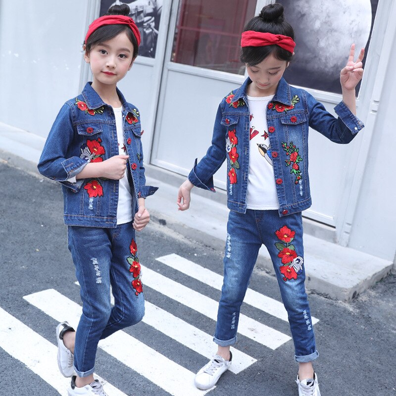 Embroidered Flower Kids Spring Autumn Long Sleeve Outfit Girl Jean Kids Denim Clothing Single Jacket