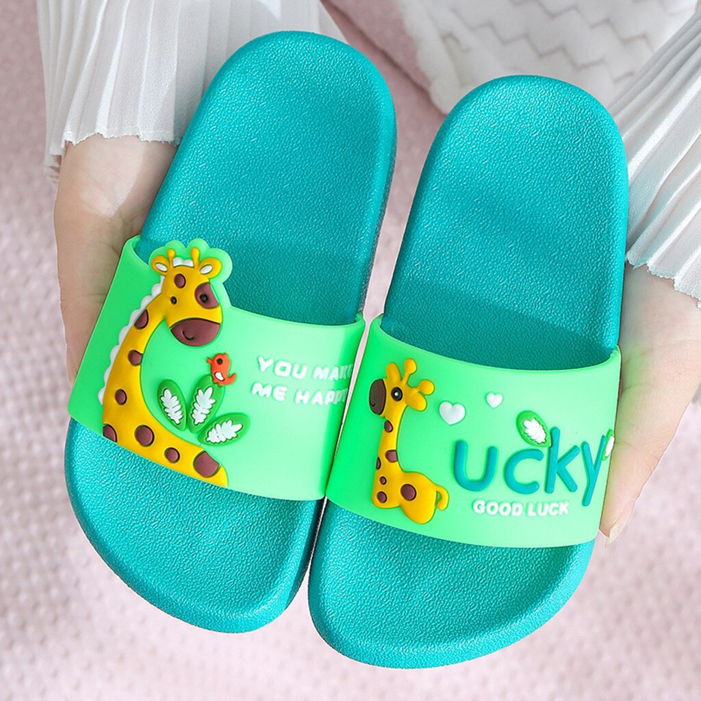 Pantoufles d'été Parent-enfant girafe chaussures maison antidérapant piscine pantoufles en plein air dessin animé imprimé sandales décontractées chaussures plates: Vert / 3.5-4Years