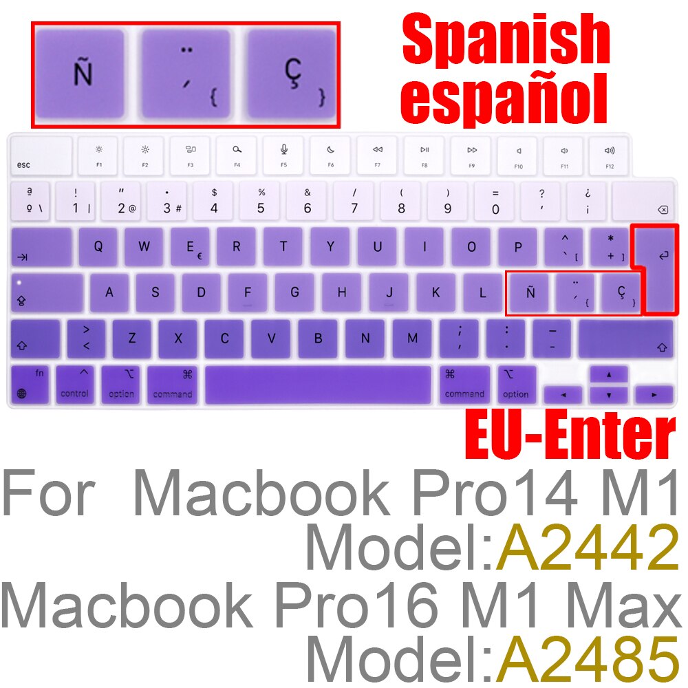 Farve silikone spansk/chile tastatur skin cover til macbook pro 14 a2442 m1 chip pro 16 m1 max  a2485 tastatur cover: Eu-es-lilla