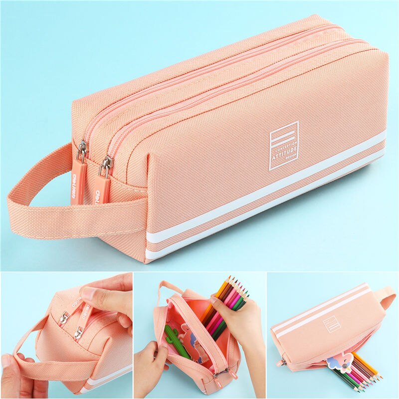 Large Capacity Pencil Cases Bag Zipper Solid Color Canvas School Student School Supplies Stationery Storage Bag 05176: 3