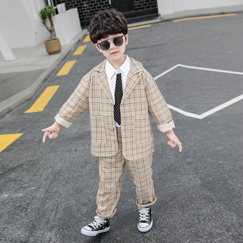 2 Stuks Kids Plaid Bruiloft Blazer Pak Voor Peuter Jongens Formele Kostuum School Pak Voor Kinderen Lente kleding Sets: Khaki / 2T
