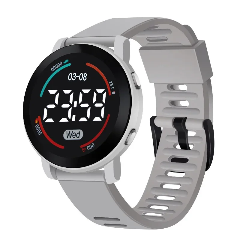 Juvenile Multifunctional Electronic Watch Sports Waterproof Fall Proof Ultra Clear Round Screen LED Digital Clock Reloj Niña: grey