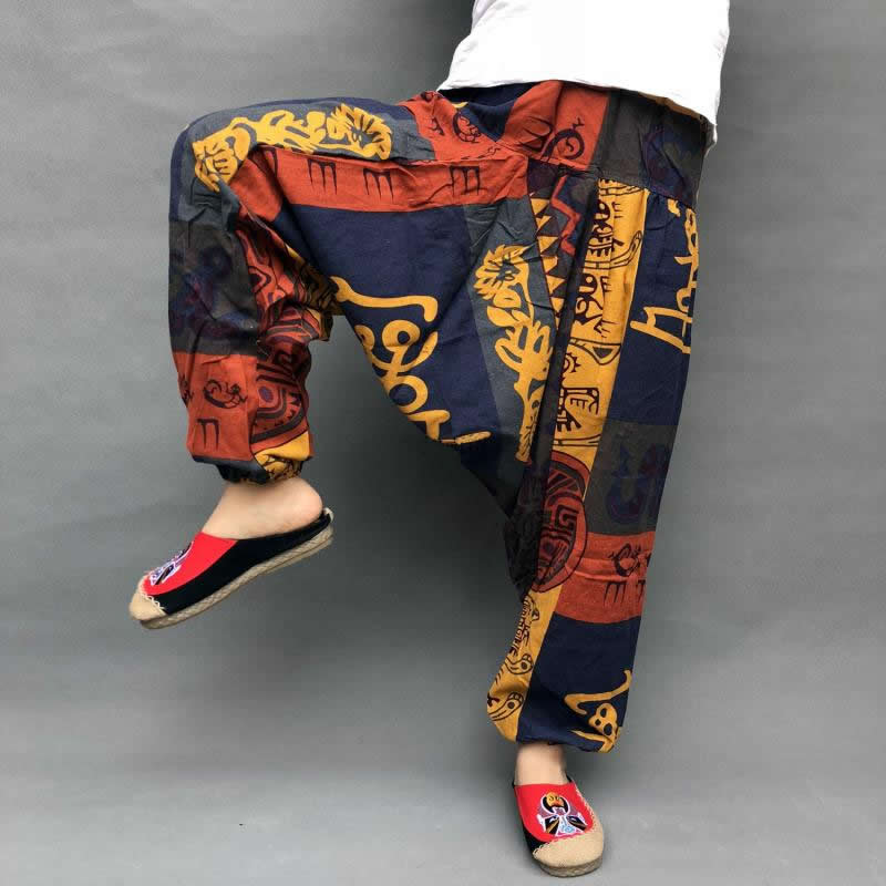 Pantalon femme sarouel Baggy imprimé décontracté Hippie Joggers pantalon croisé pantalon ample Aladdin lanterne jambe large coton lin pantalon Plus