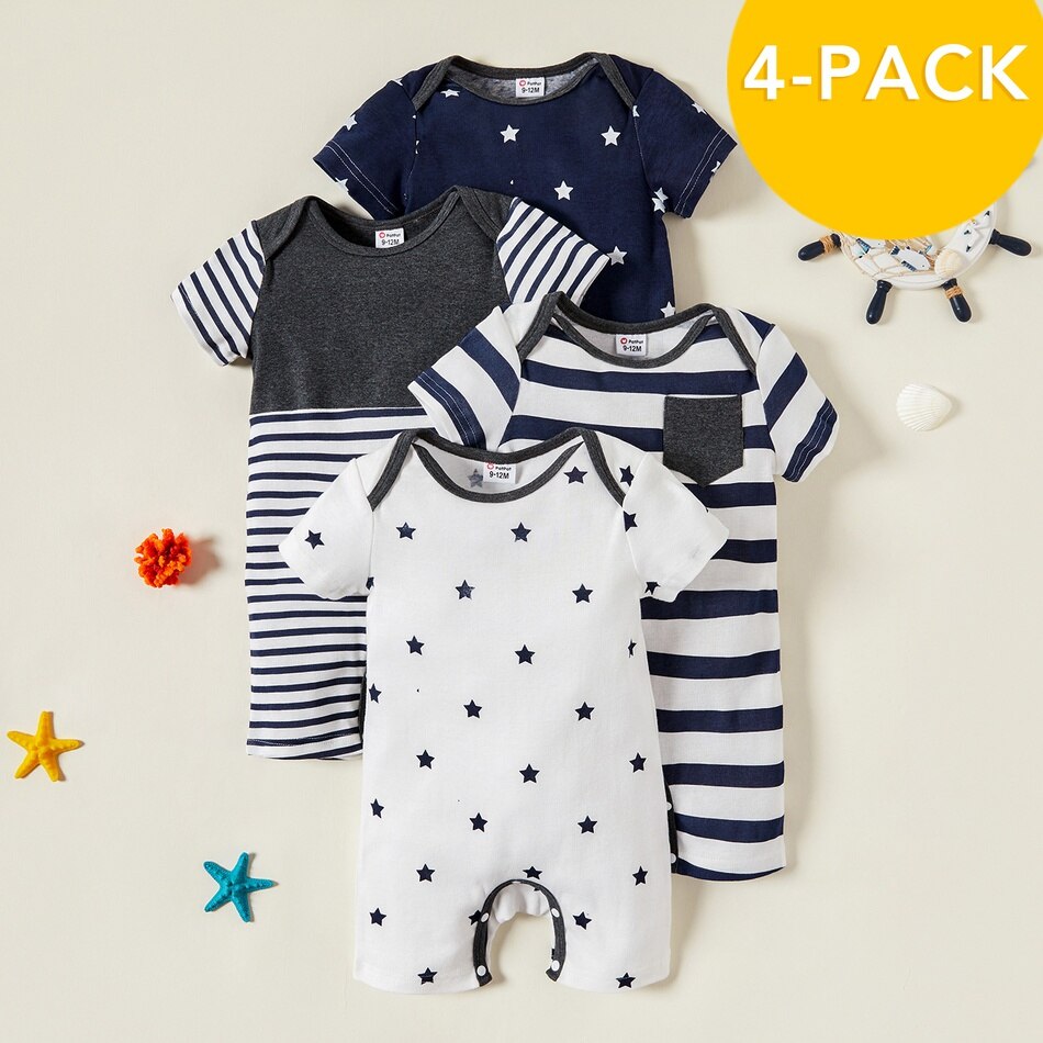 Patpat zomer 4-- pack babyjongensstrepen en sterren bodysuits set babykleding