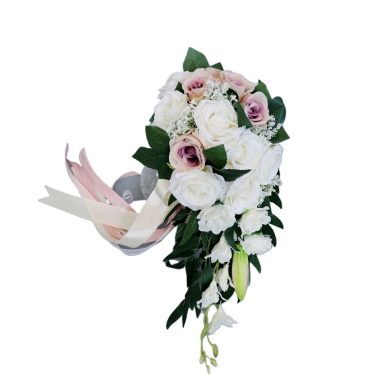 Teardrop Romantic Wedding Bridal Long Bouquet Artificial Rose Flowers with Ribbons Waterfall Flowers Bunch DIY Party Decoration: A