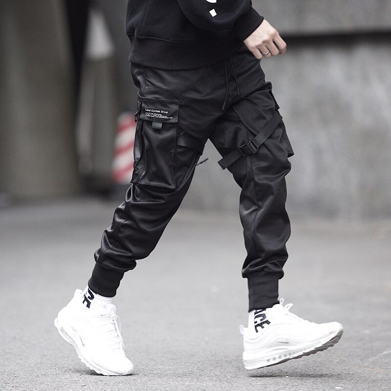 Syksy miehet nauhat värilohko musta tasku cargo housut haaremi lenkkeilijät harajuku verkkarit hip hop housut lbz 123